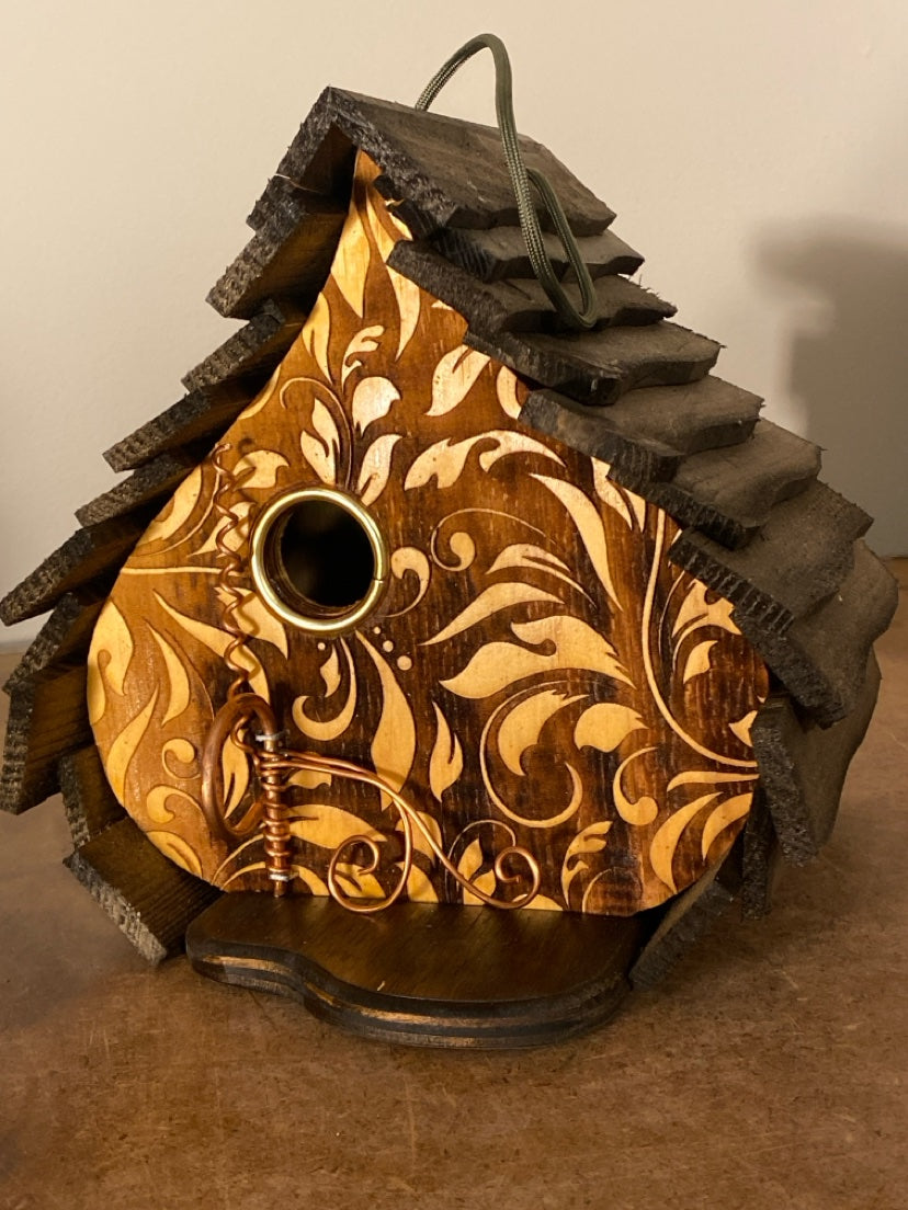 Natural Engraved Dome birdhouse, front view