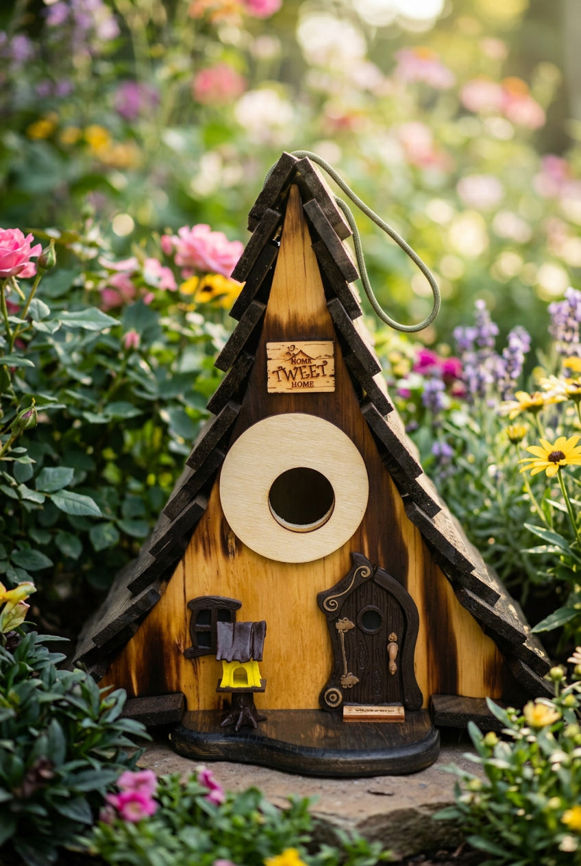 Burned A-frame birdhouse, front view