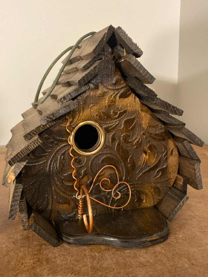 Stain Engraved Dome birdhouse, front view