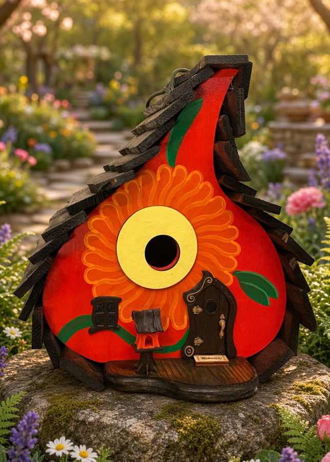 Red Floral Gourd birdhouse in a garden