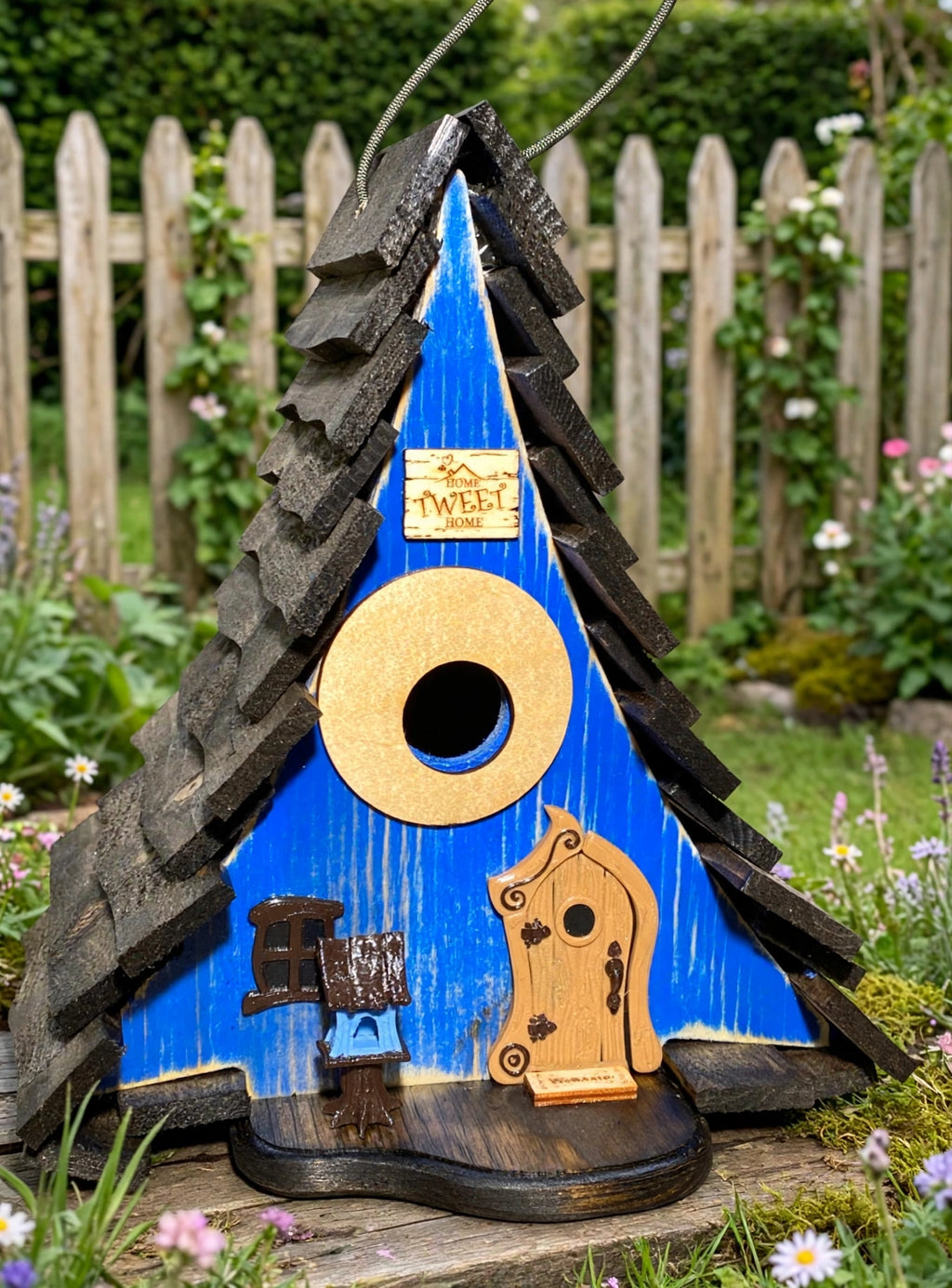 Rustic Blue A-frame birdhouse in a garden with a wooden fence