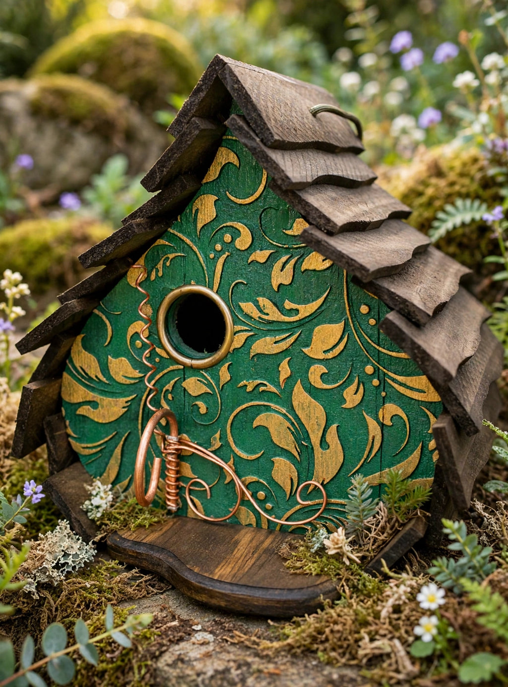 Green Gold Engraved Dome birdhouse in a garden setting