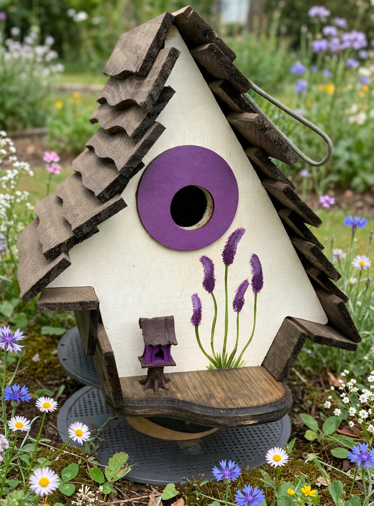 Lilac Crooked House birdhouse among wildflowers