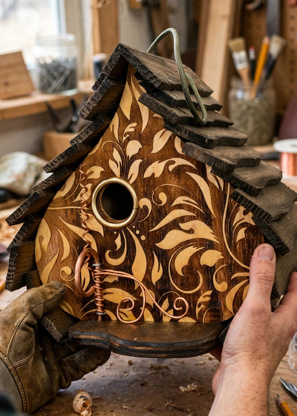 Natural Engraved Dome birdhouse in a workshop setting