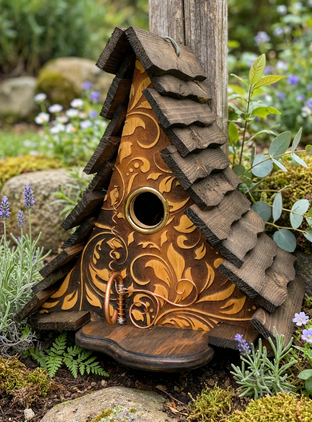 Natural Laser Engraved A-frame birdhouse in a garden setting