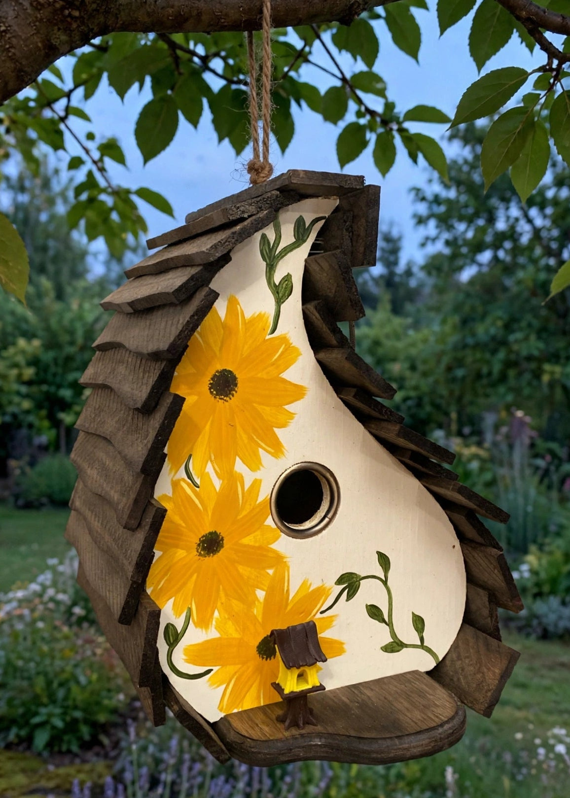 Sunflower Drop birdhouse hanging from a tree in a garden in the evening