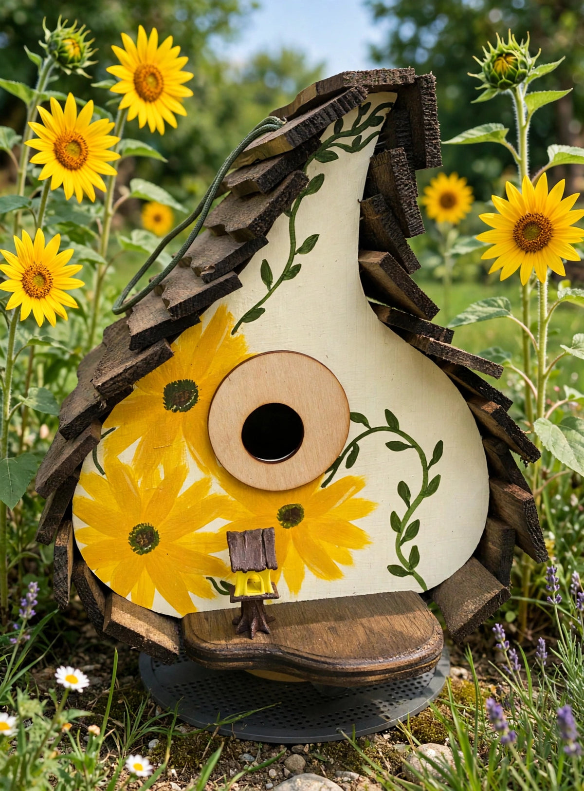 Sunflower Gourd birdhouse in a sunflower garden