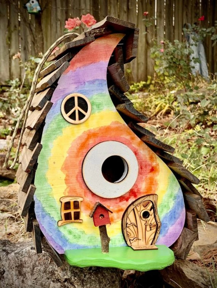 Watercolor Tie Dye Whimsical Birdhouse